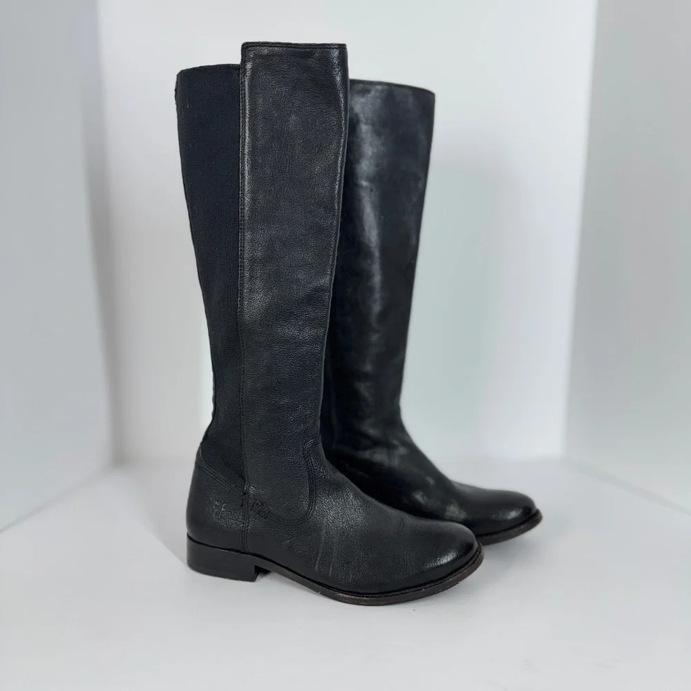 Frye Black Leather Tall Riding Boots Stretch Back Panel Size 6.5B Equestrian